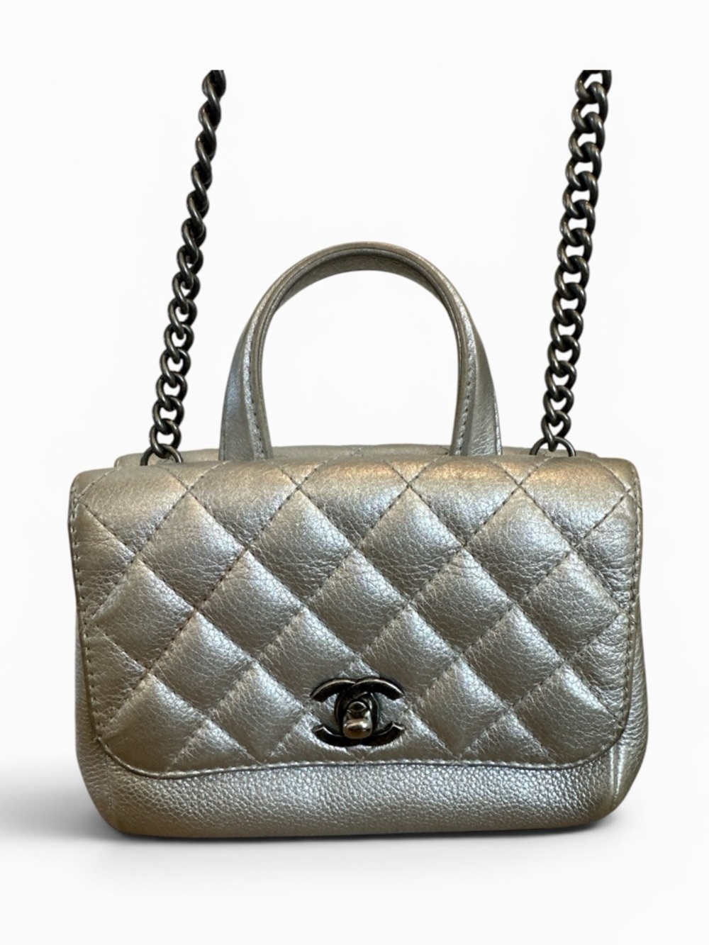 CHANEL Quilted Metallic Silver Mini Top-Handle Bag
